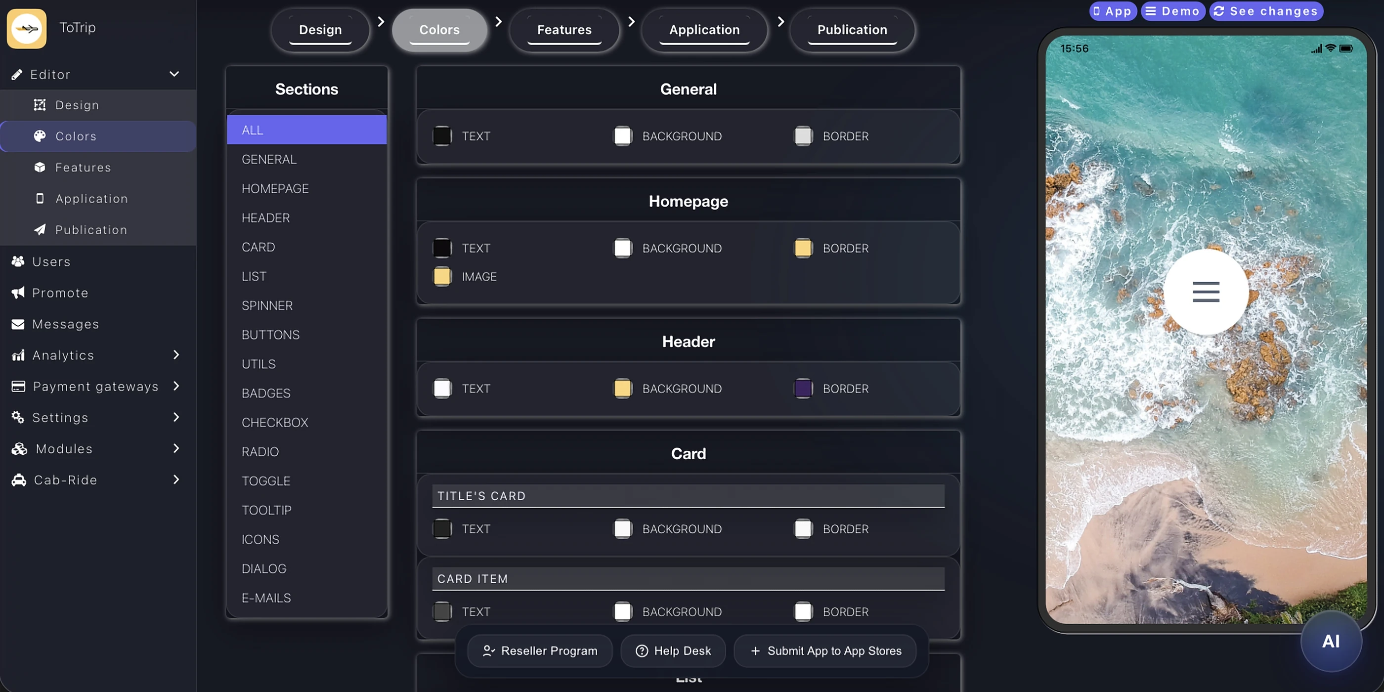 Editor de colores de Appily para personalizar cada sección de una aplicación móvil