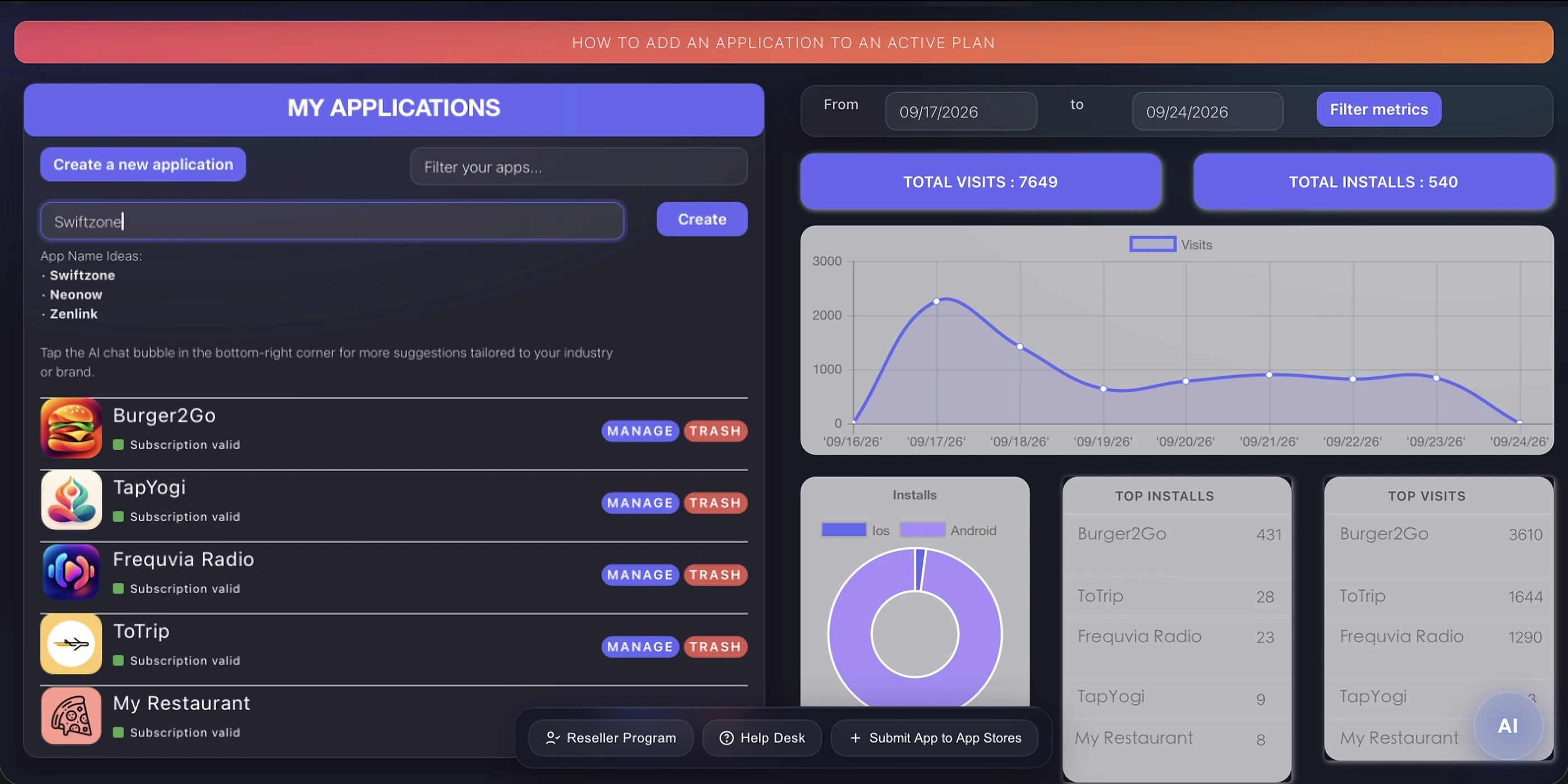 Panel de control de Appily app builder mostrando todas las aplicaciones, visitas totales, instalaciones y aplicaciones destacadas