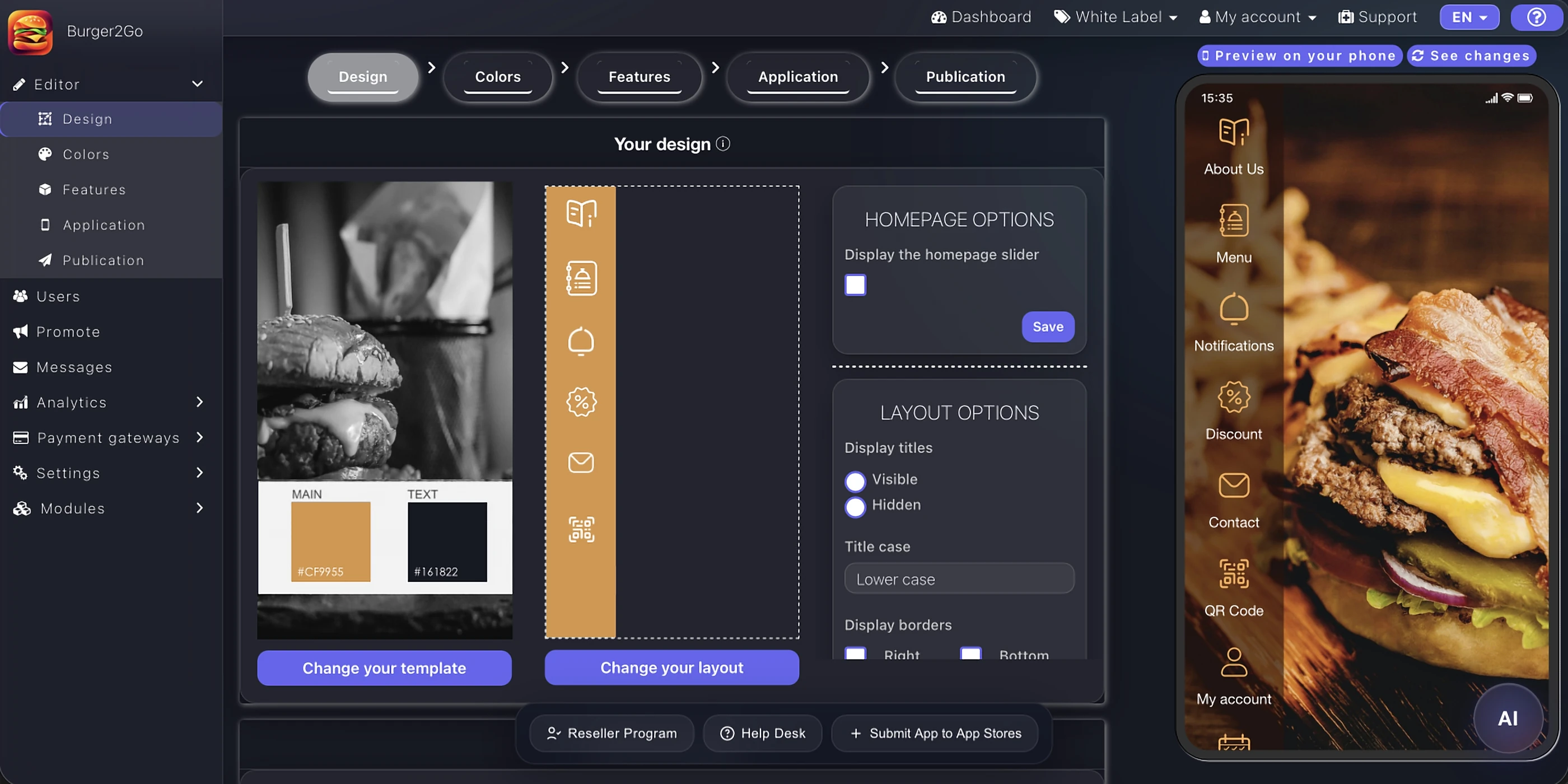 Editor de diseño de Appily con plantilla, opciones de diseño y vista previa en vivo de la aplicación para iPhone