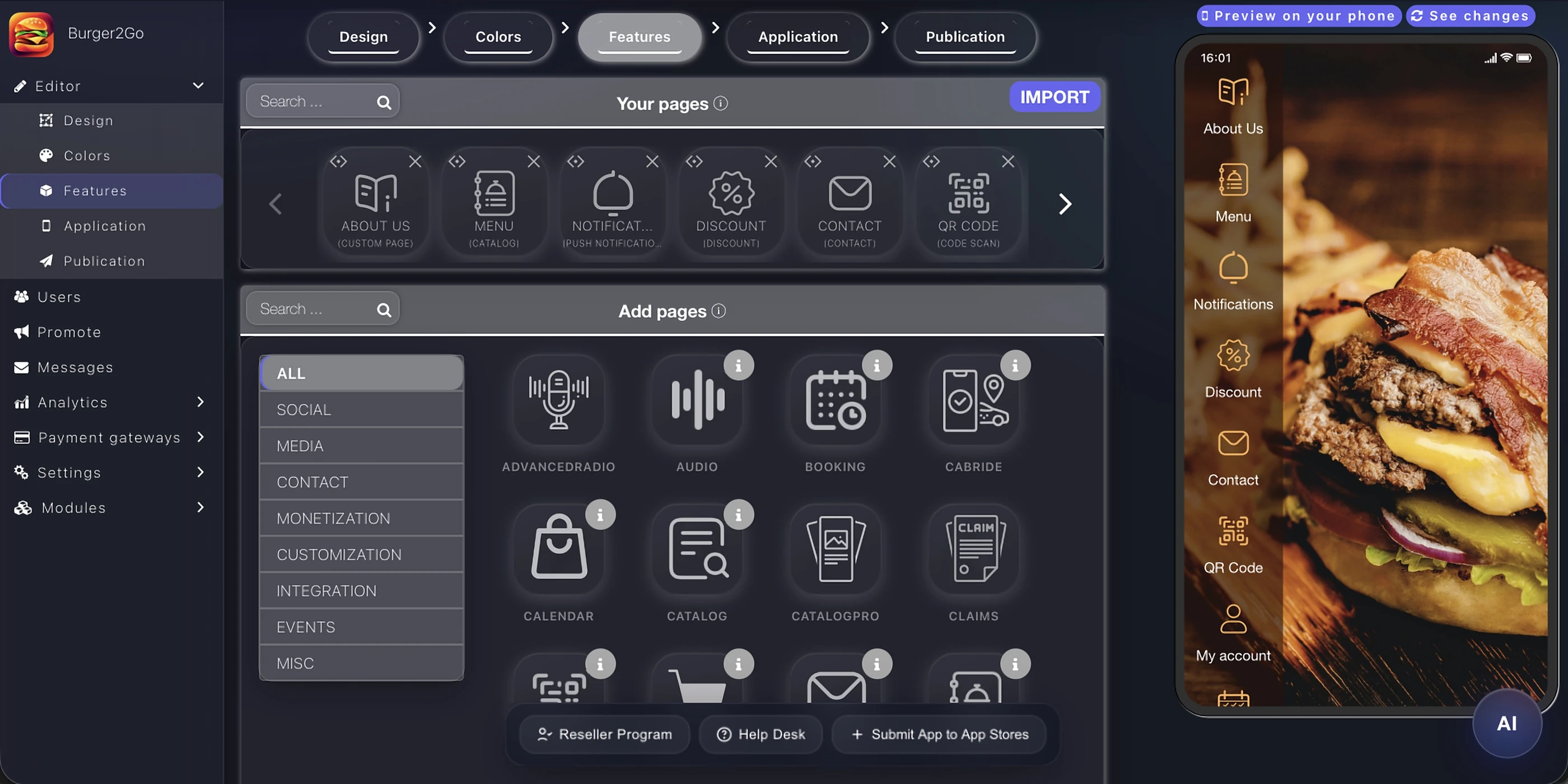 Editor de funciones de Appily para añadir páginas como reservas, audio, catálogo y notificaciones push